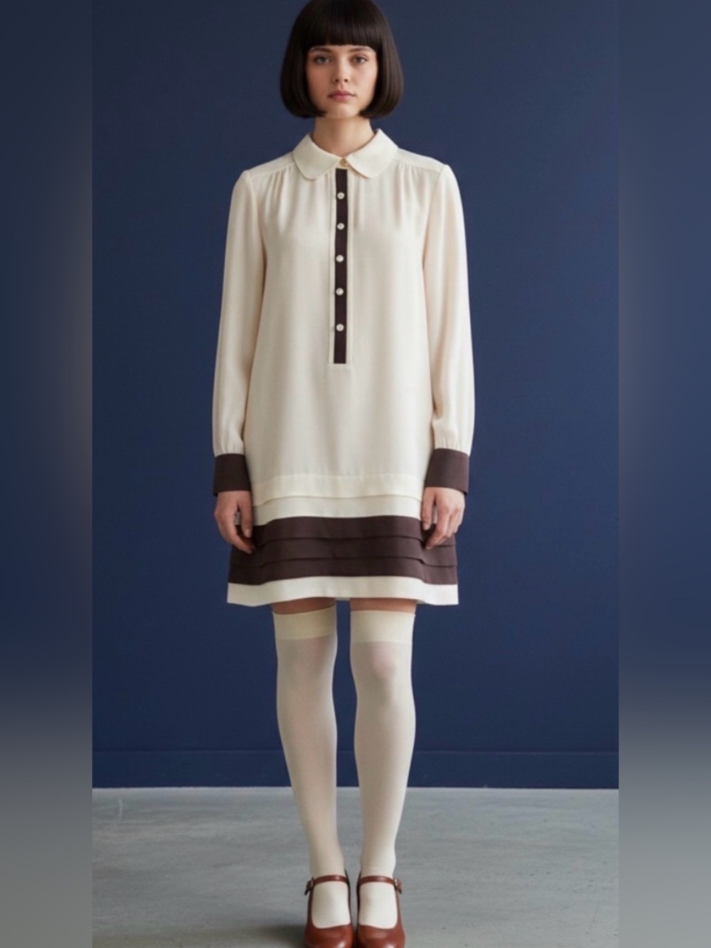 SILK BABANA REPUBLIC Cream Mini Dress /Tunic. Contrasting Chocolate Brown Trim.